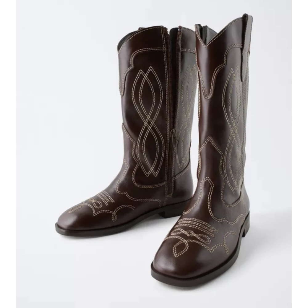 Zara Girls Brown Embroidered Leather Western Boots Sz-2